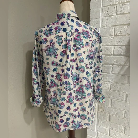 Women’s Button-Down Floral Print — White with Teal & Purple - Picture 4 of 4